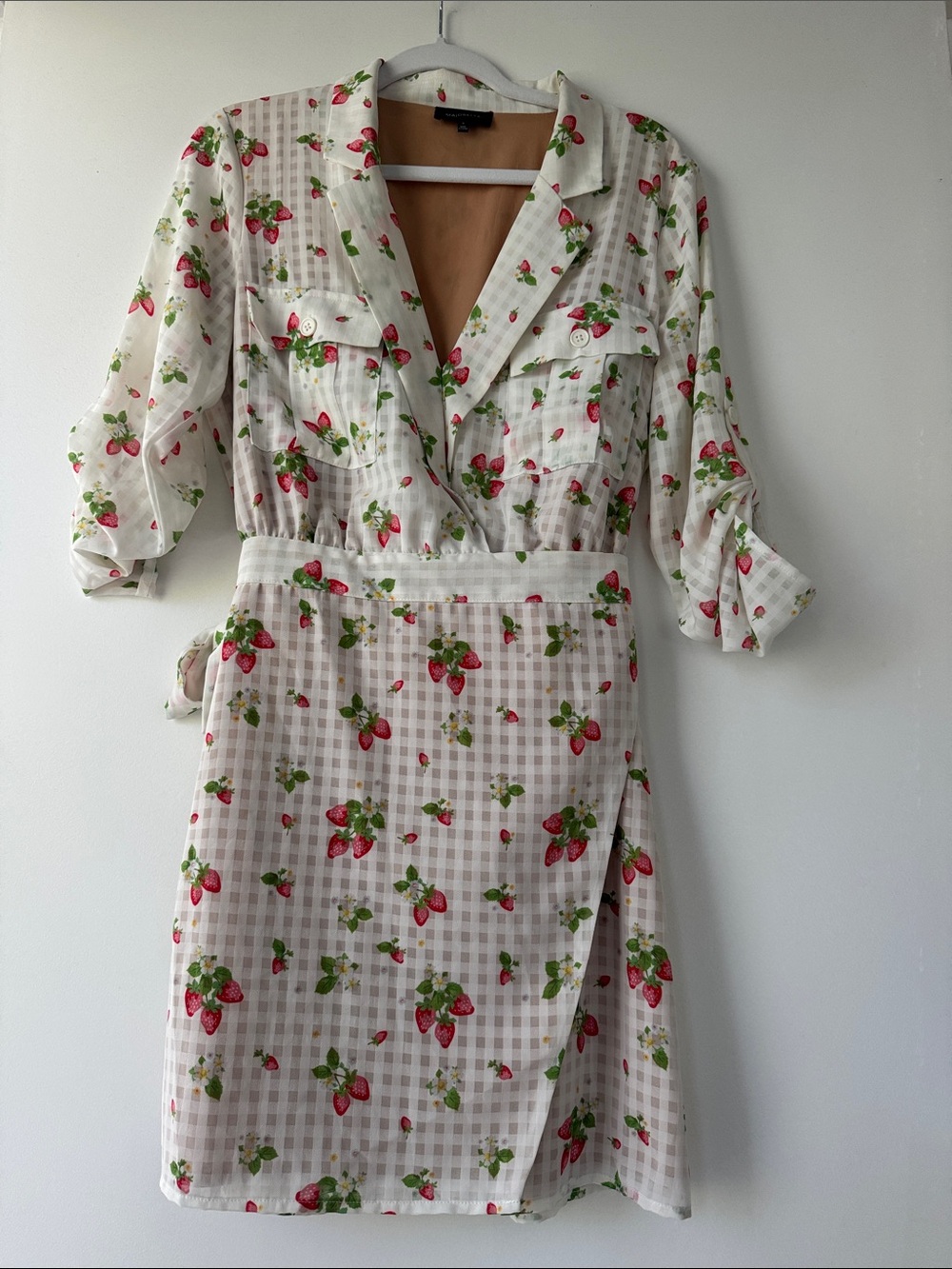 MAJORELLE White Strawberry-Print Wrap Shirt Dress Size Medium